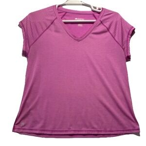 Ideology Active Top V-Neck Pink Striped Short‎ Sleeve Pullover Women's Size XL